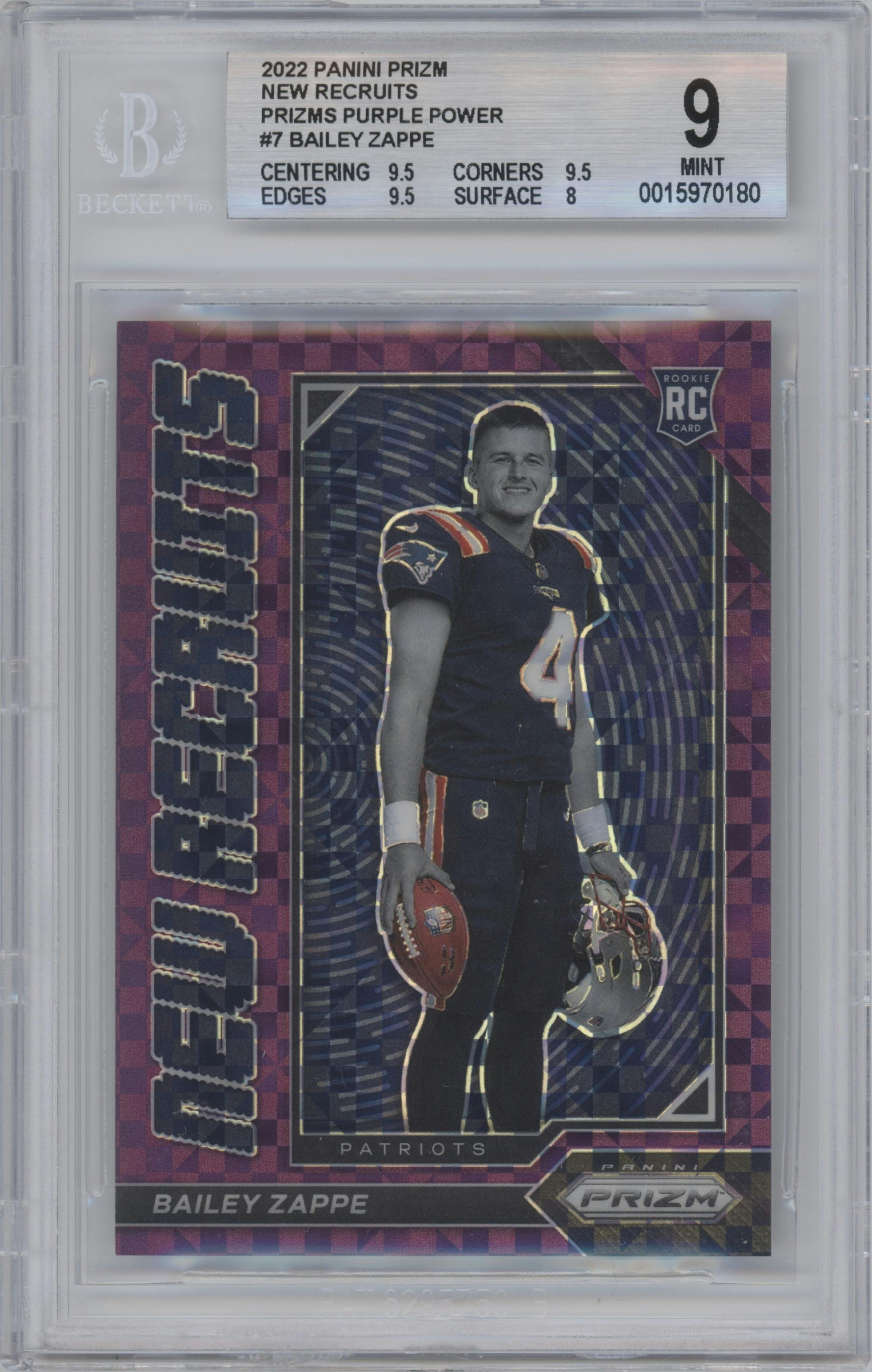 Bailey Zappe from the 2022 Panini Prizm set featuring a Purple Power parallel graded by Beckett and given an overall grade of 9.