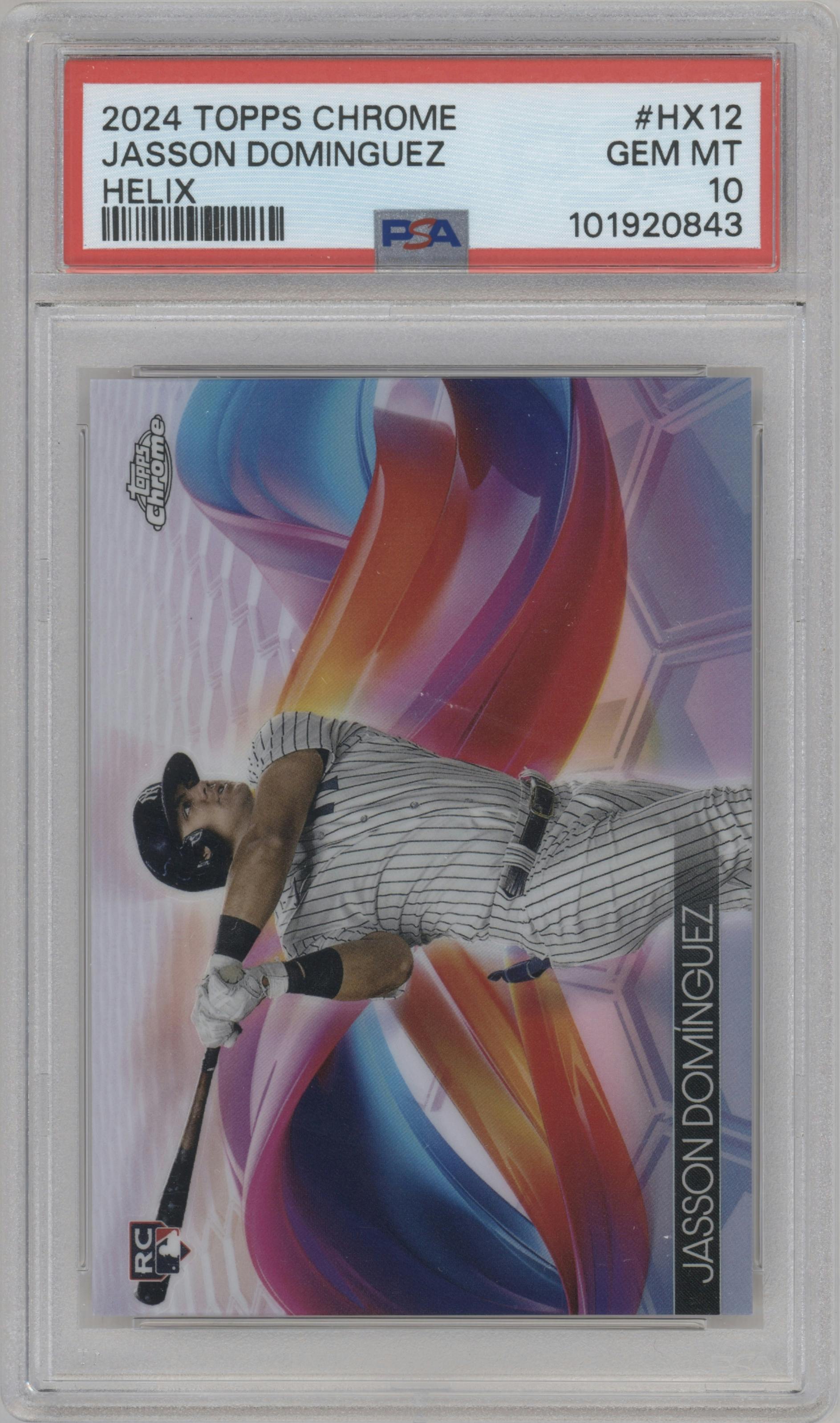 Jasson Dominguez from the 2024 Topps Chrome set graded by PSA and given an overall grade of 10.