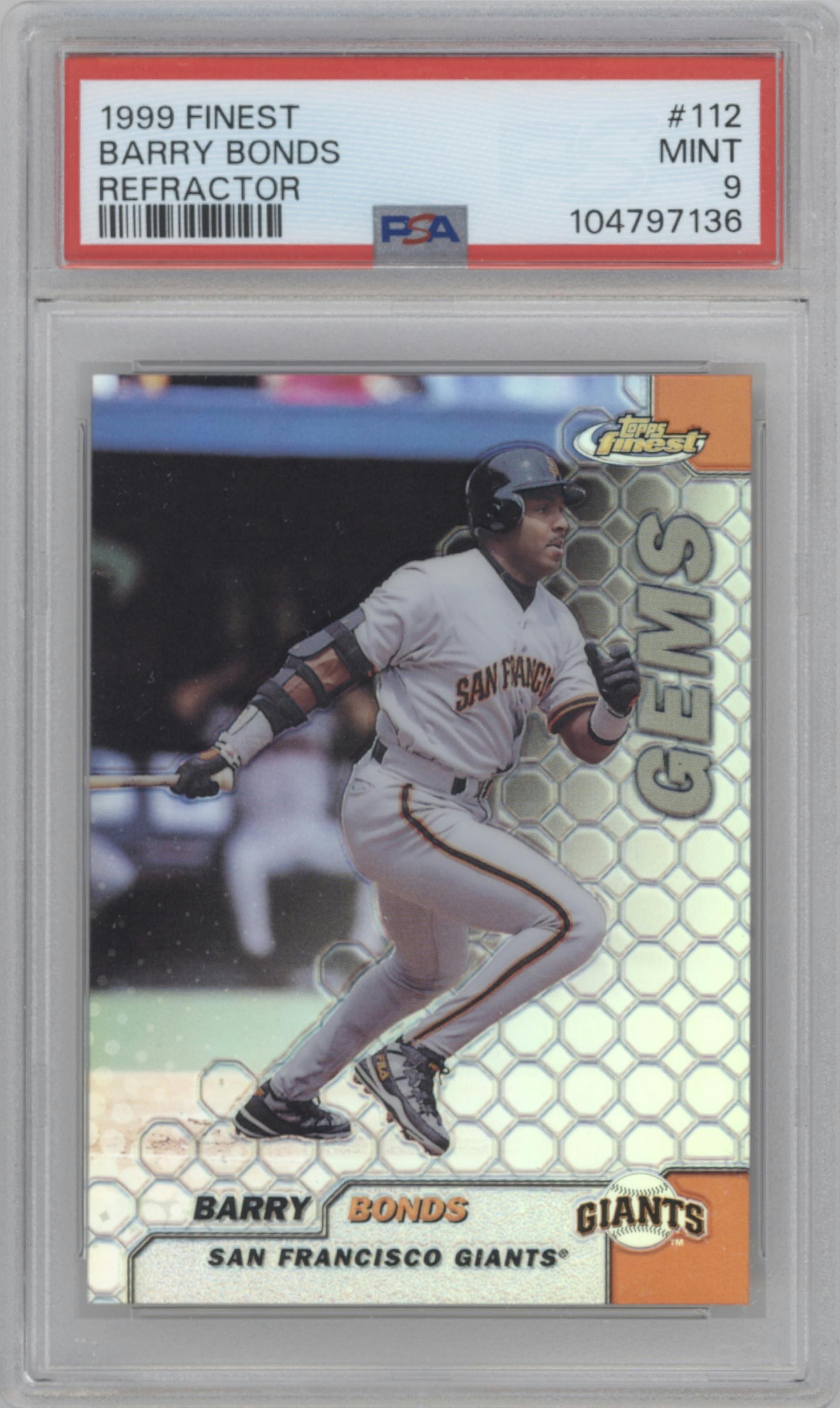 Barry Bonds from the 1999 Topps Finest set featuring a Refractor  parallel graded by PSA and given an overall grade of 9.