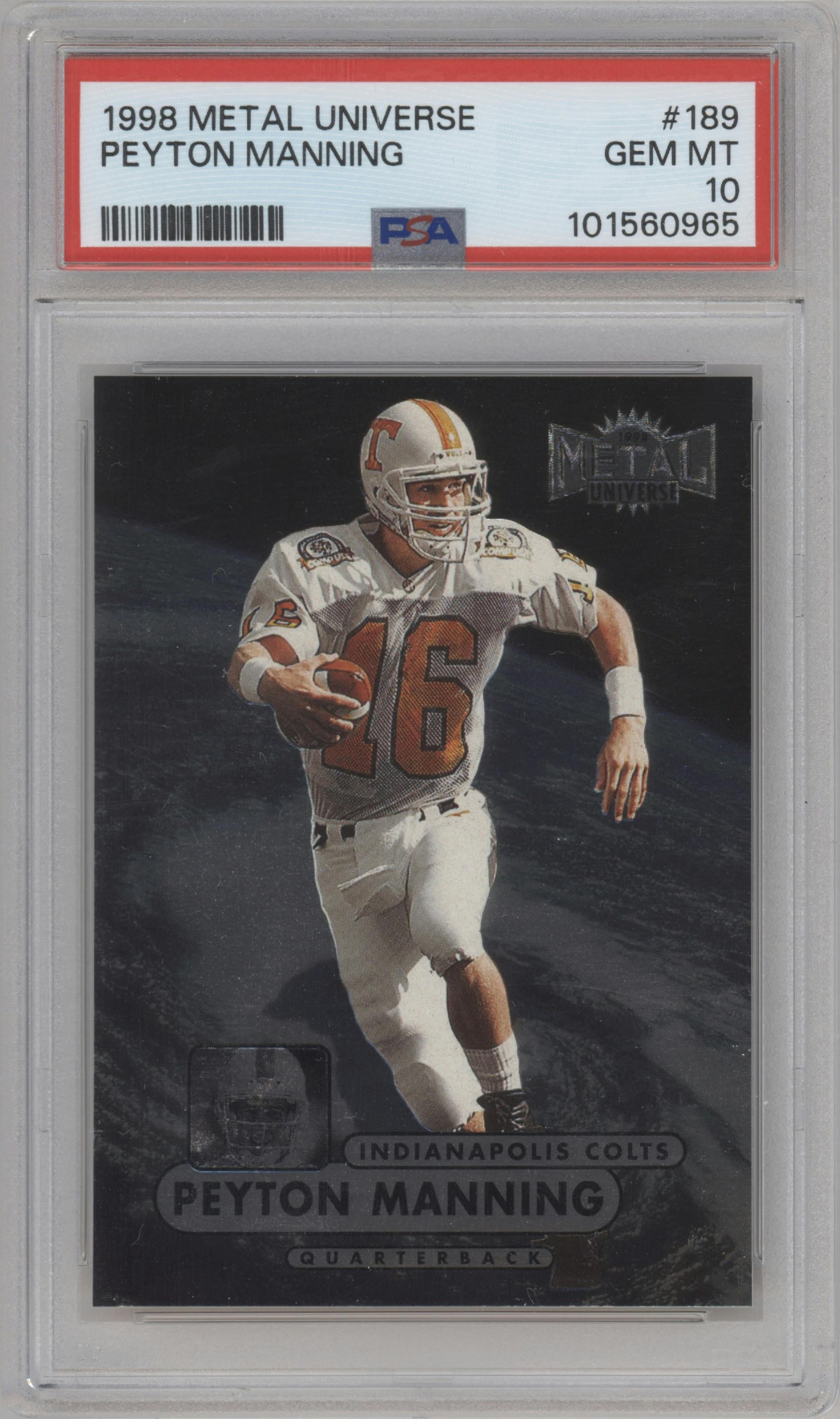 Peyton Manning from the 1998 Fleer Metal Universe set graded by PSA and given an overall grade of 10.