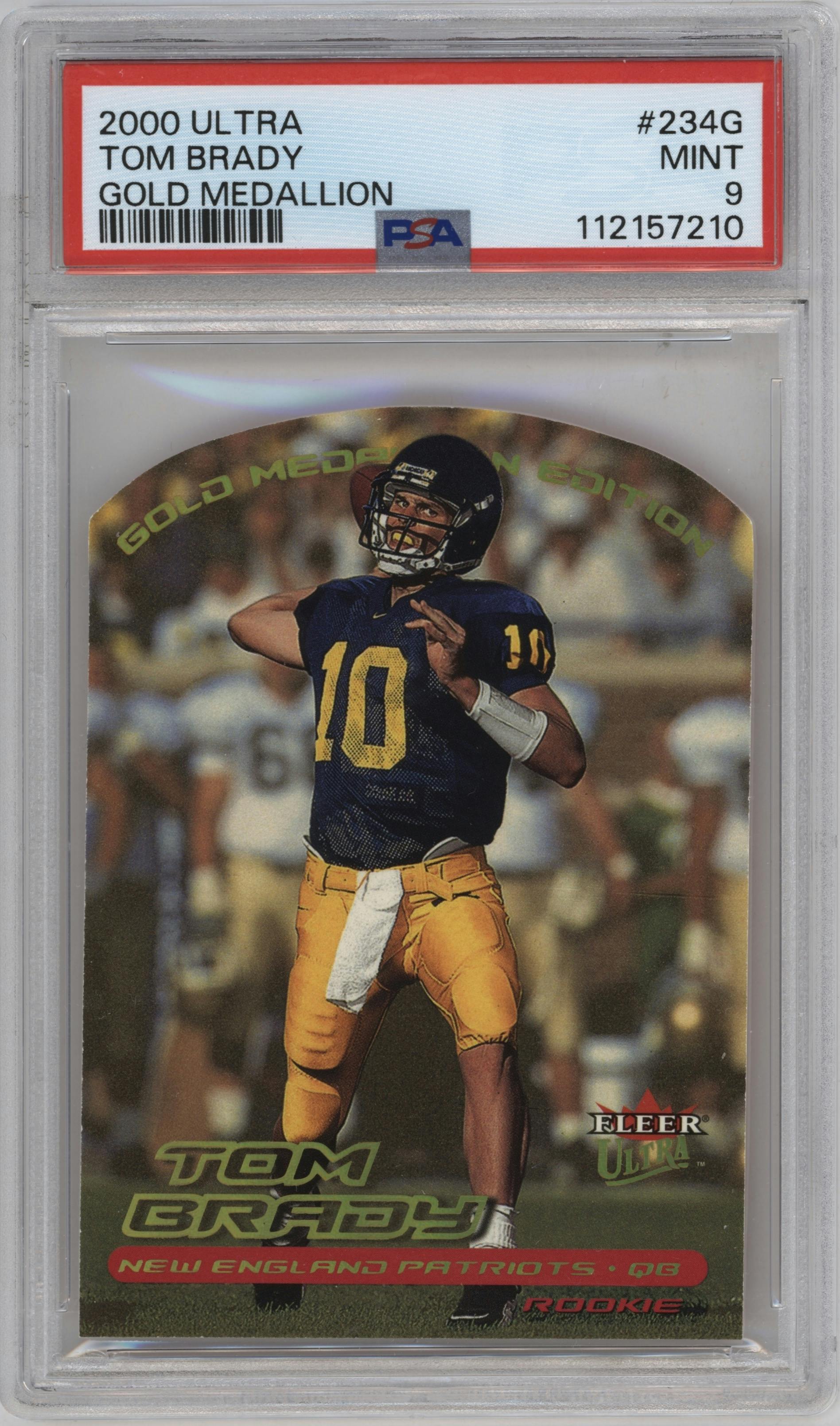 Tom Brady from the 2000 Fleer Ultra set graded by PSA and given an overall grade of 9.