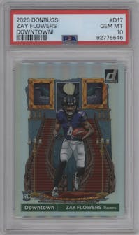 Zay Flowers  from the 2023 Panini Donruss set graded by PSA and given an overall grade of 10.