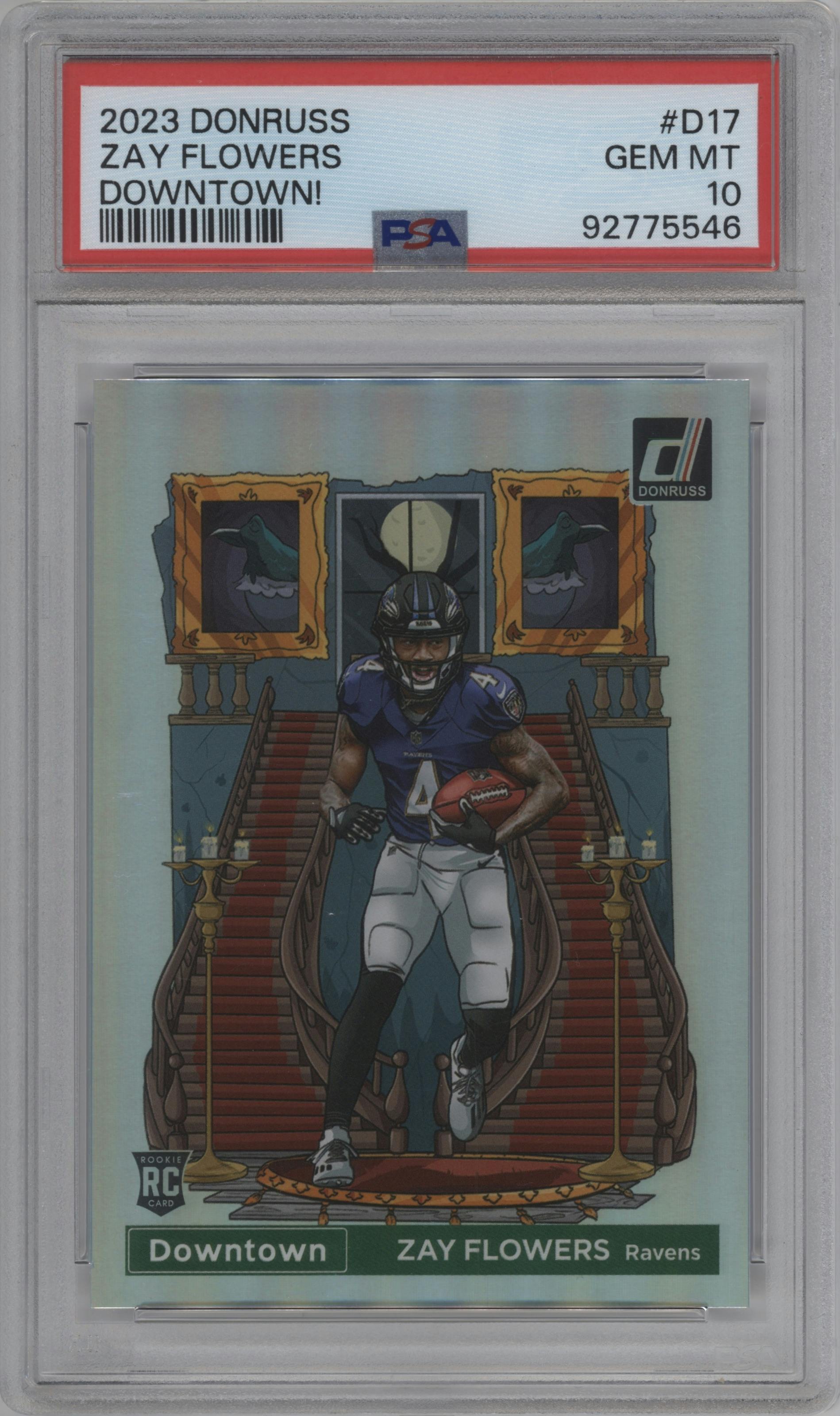 Zay Flowers  from the 2023 Panini Donruss set graded by PSA and given an overall grade of 10.