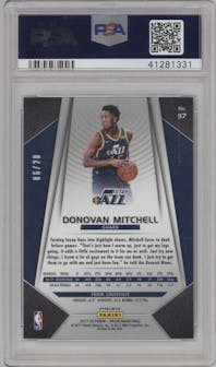 Donovan Mitchell from the 2017-18 Panini Prizm set featuring a Fast Break Bronze parallel graded by PSA and given an overall grade of 10.