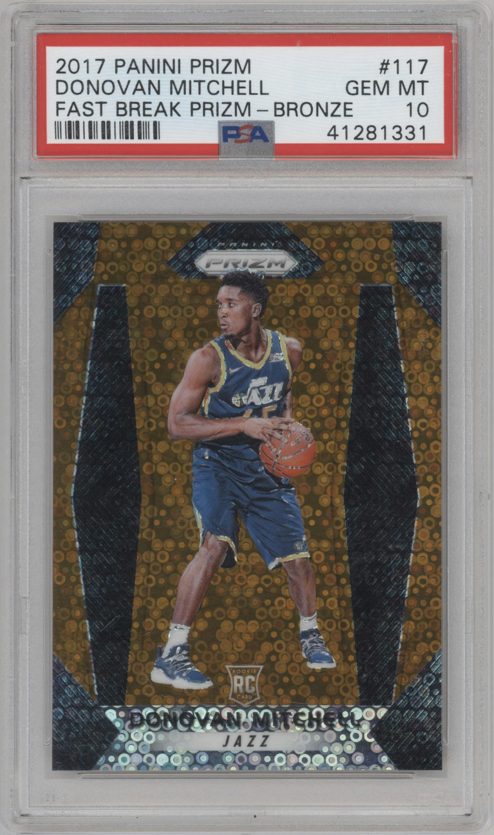 Donovan Mitchell from the 2017-18 Panini Prizm  set featuring a Fast Break Bronze parallel graded by PSA and given an overall grade of 10.