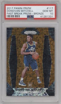 Donovan Mitchell from the 2017-18 Panini Prizm set featuring a Fast Break Bronze parallel graded by PSA and given an overall grade of 10.