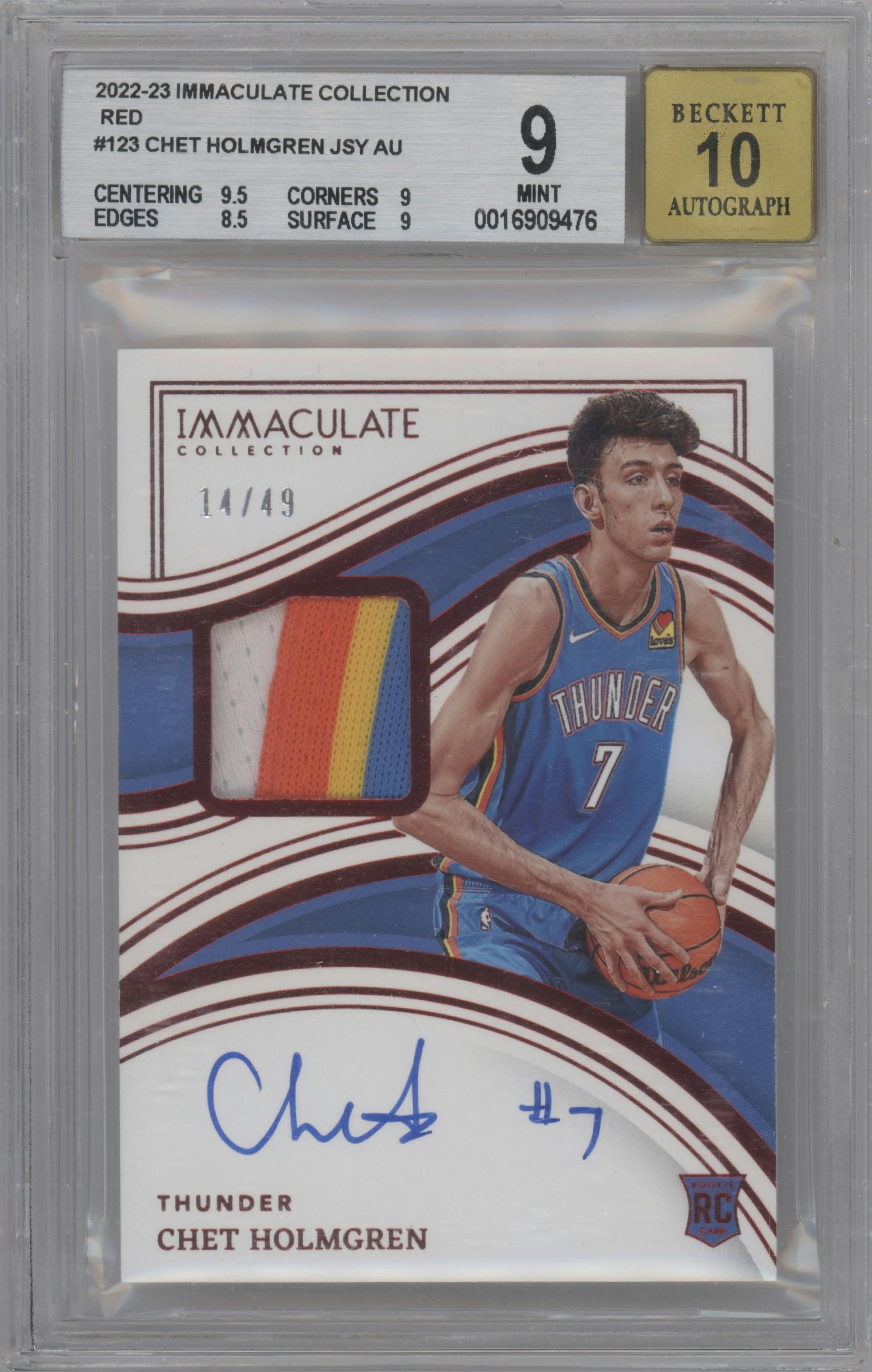 Chet Holmgren from the 2022-23 Panini Immaculate Collection set featuring a Red parallel graded by Beckett and given an overall grade of 9.