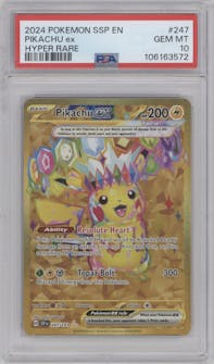 Pikachu ex from the 2024 Pokemon SV set graded by PSA and given an overall grade of 10.