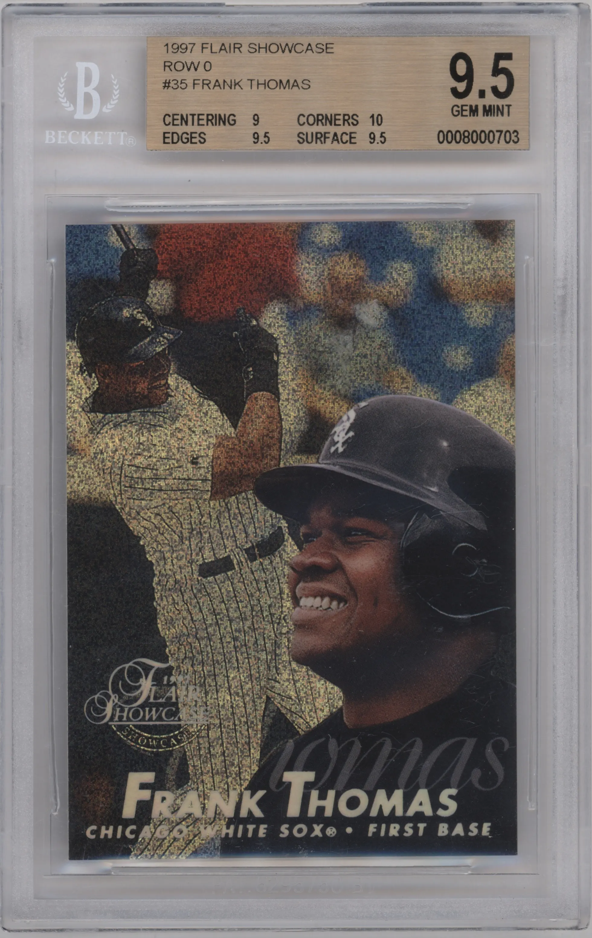 Frank Thomas from the 1997 Flair Showcase set graded by Beckett and given an overall grade of 9.5.