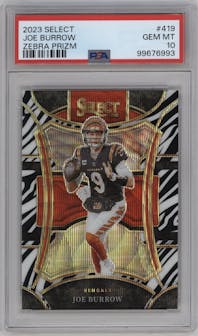 Joe Burrow from the 2023 Panini Select set featuring a Zebra parallel graded by PSA and given an overall grade of 10.