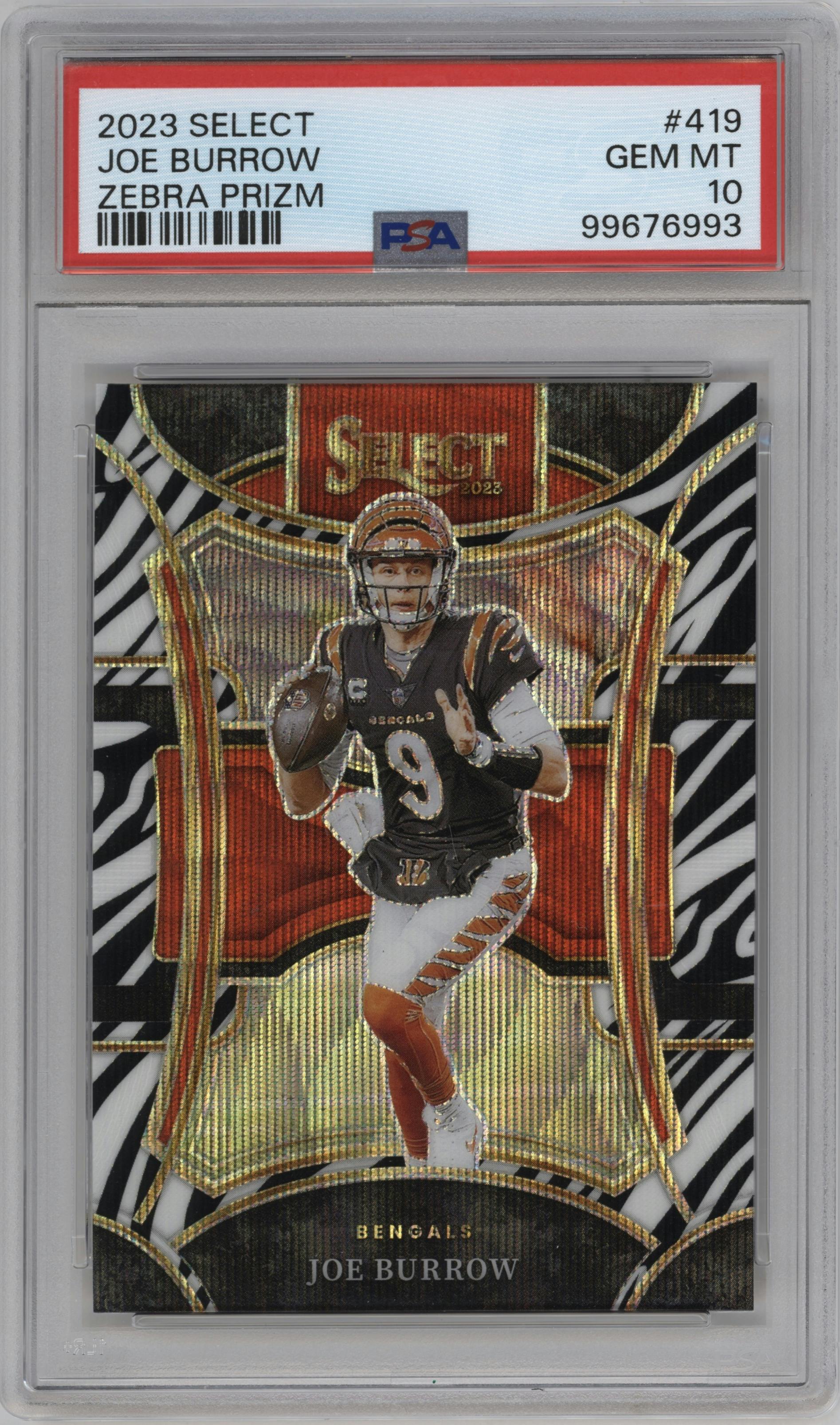 Joe Burrow from the 2023 Panini Select set featuring a Zebra parallel graded by PSA and given an overall grade of 10.