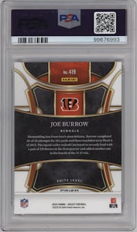 Joe Burrow from the 2023 Panini Select set featuring a Zebra parallel graded by PSA and given an overall grade of 10.
