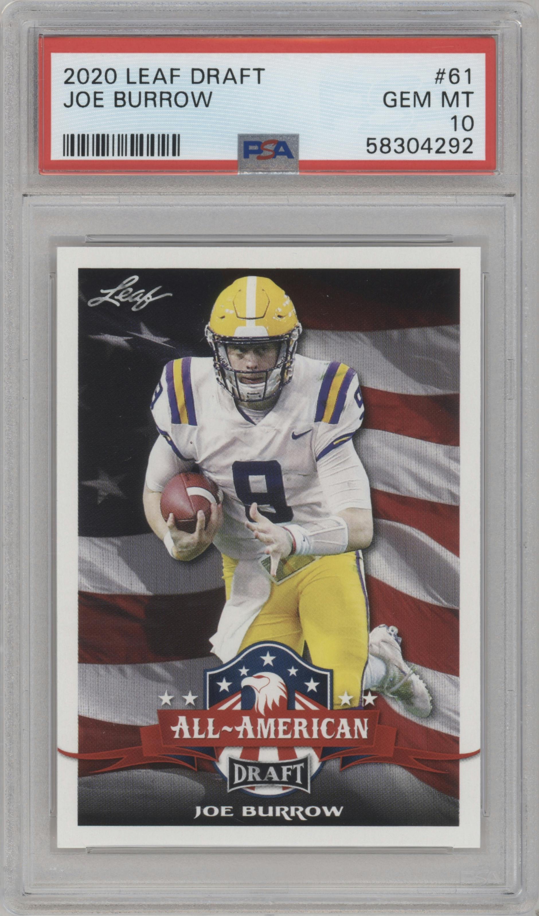 Joe Burrow from the 2020 Leaf Draft set graded by PSA and given an overall grade of 10.