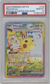 Pikachu ex from the 2024 Pokemon SV set graded by PSA and given an overall grade of 10.