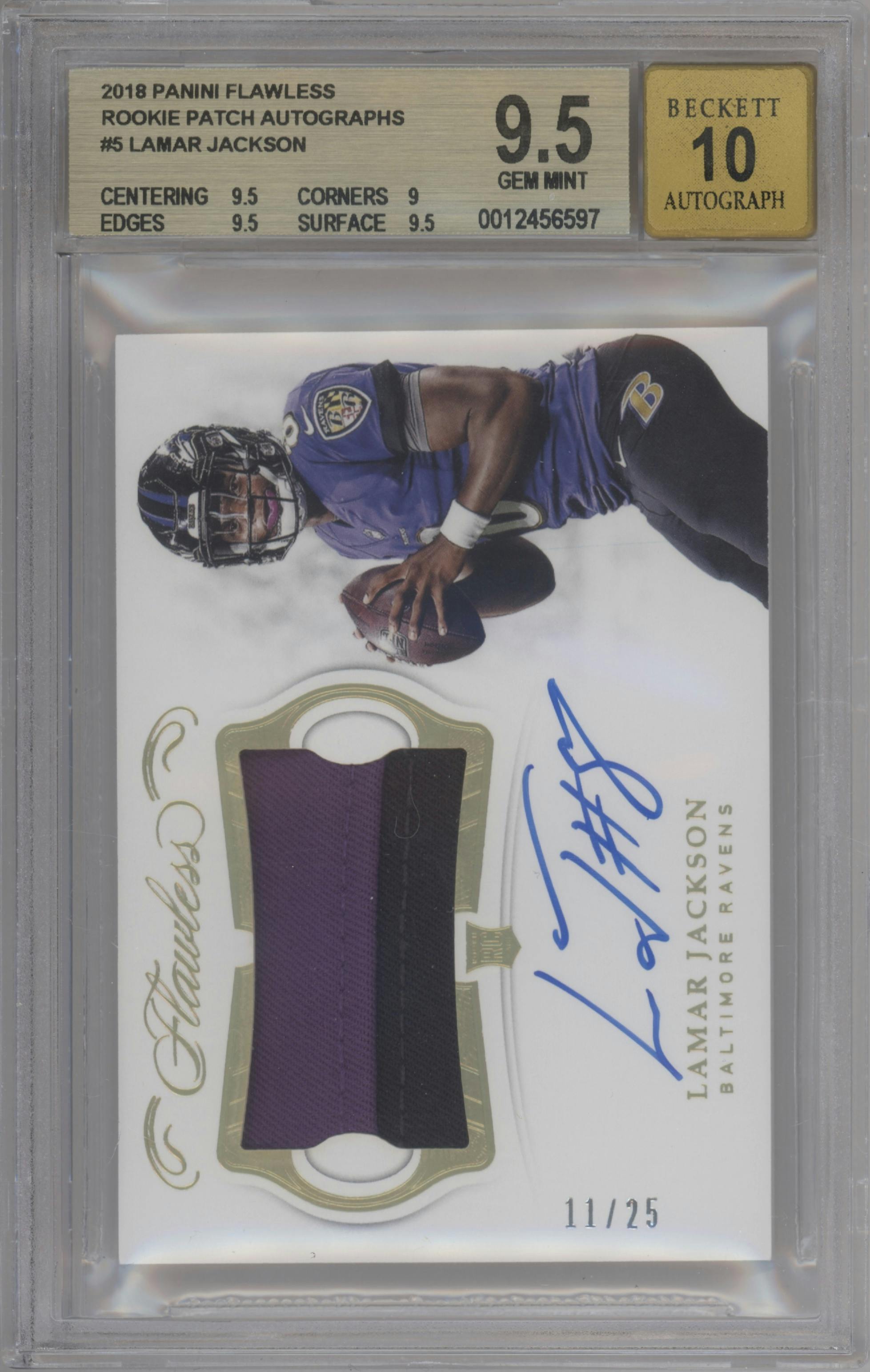 Lamar Jackson from the 2018 Panini Flawless set graded by Beckett and given an overall grade of 9.5.
