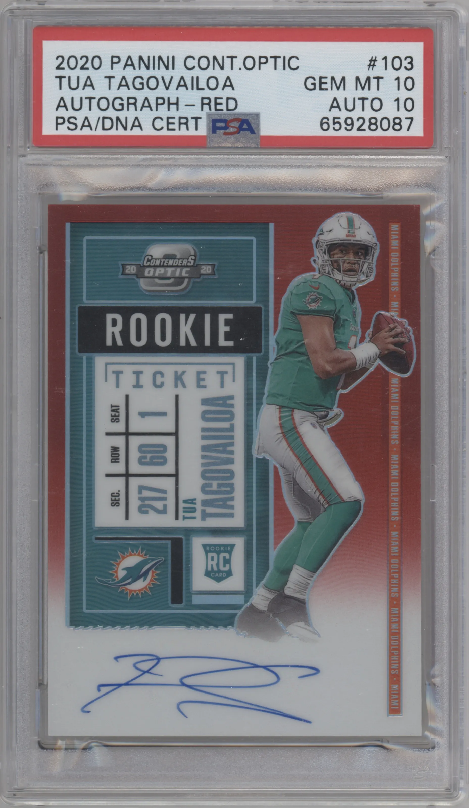 2020 Panini Contenders Optic Rke.Tkt.Auto Tua Tagovailoa Red #103 PSA 10