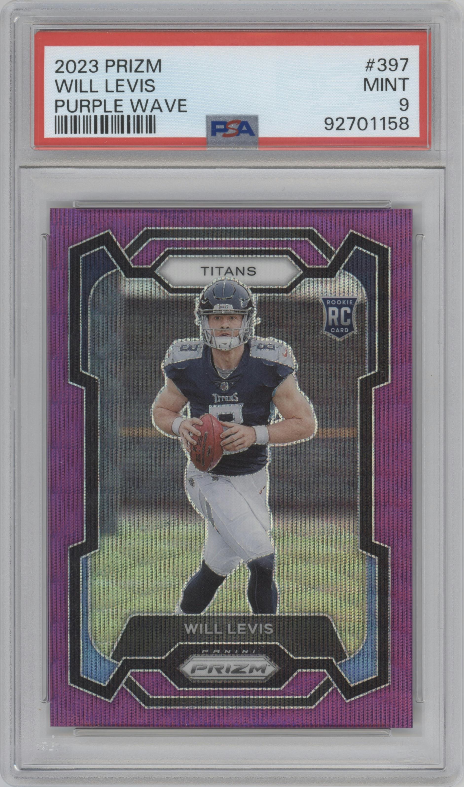 Will Levis from the 2023 Panini Prizm set featuring a Purple Wave parallel graded by PSA and given an overall grade of 9.