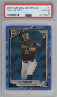 Paul Skenes from the 2024 Bowman Chrome Sapphire set graded by PSA and given an overall grade of 10.