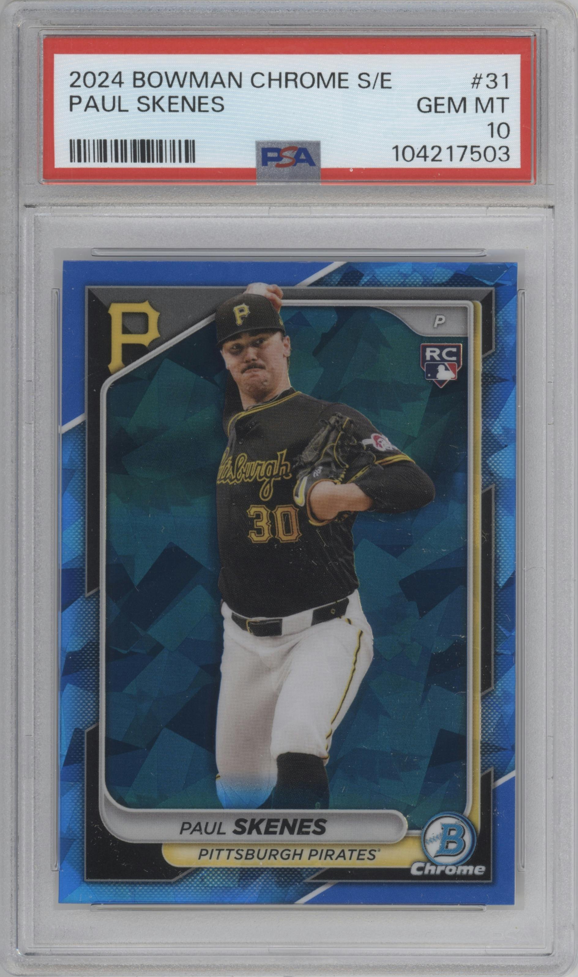 Paul Skenes from the 2024 Bowman Chrome Sapphire set graded by PSA and given an overall grade of 10.