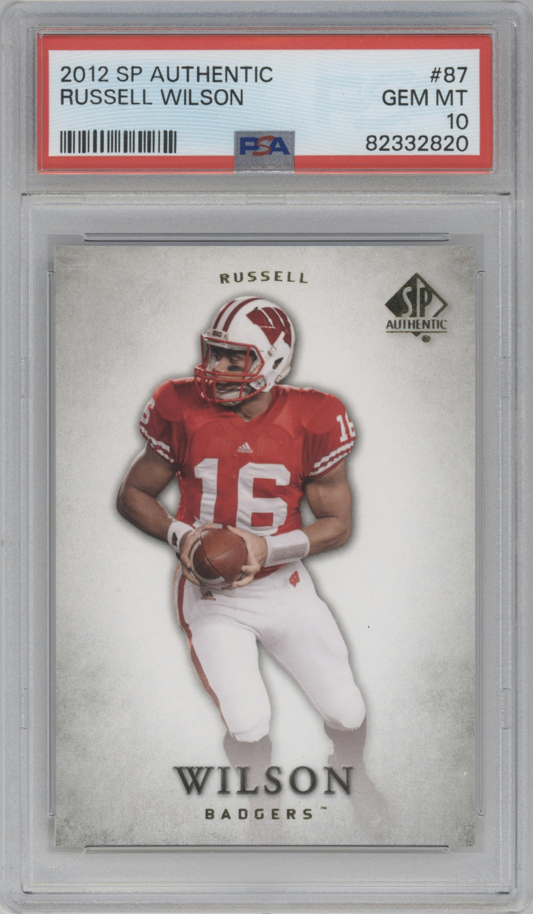 Russell Wilson from the 2012 SP Authentic set graded by PSA and given an overall grade of 10.