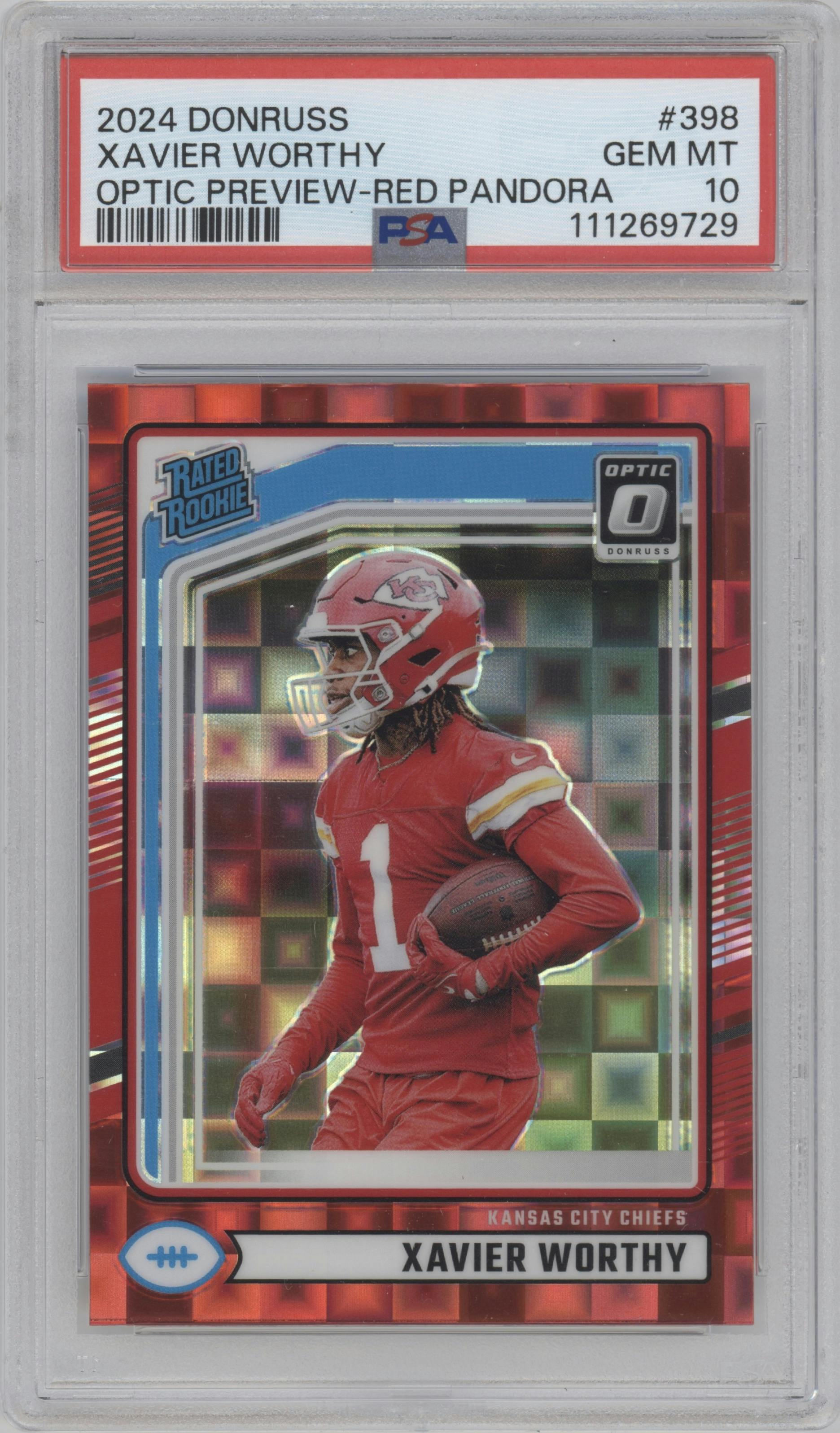 Xavier Worthy  from the 2024 Donruss set featuring a Red Pandora parallel graded by PSA and given an overall grade of 10.