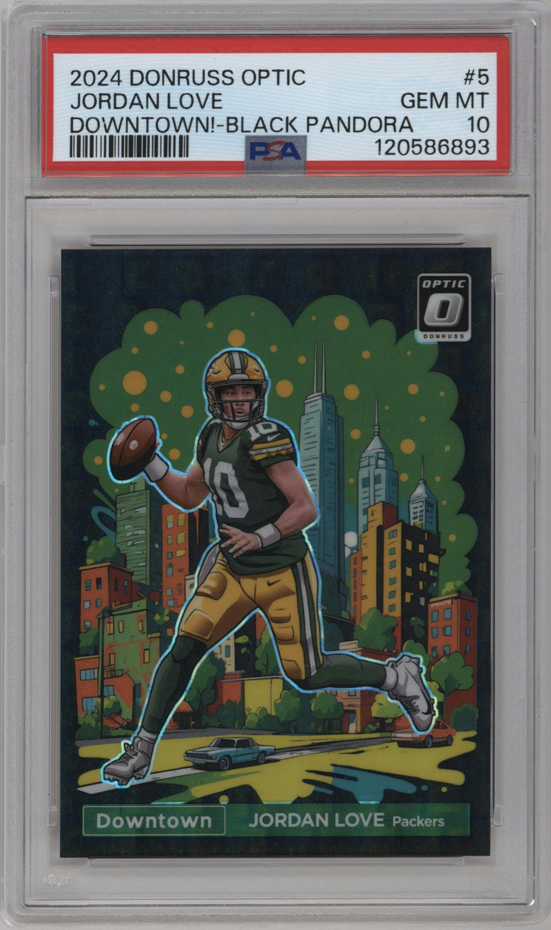 Jordan Love from the 2024 Donruss Optic set featuring a Black Pandora parallel graded by PSA and given an overall grade of 10.