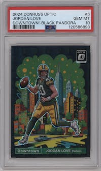 Jordan Love from the 2024 Donruss Optic set featuring a Black Pandora parallel graded by PSA and given an overall grade of 10.