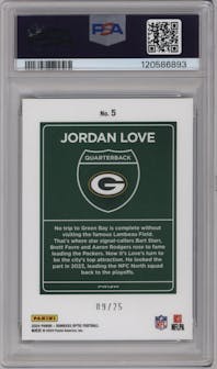 Jordan Love from the 2024 Donruss Optic set featuring a Black Pandora parallel graded by PSA and given an overall grade of 10.