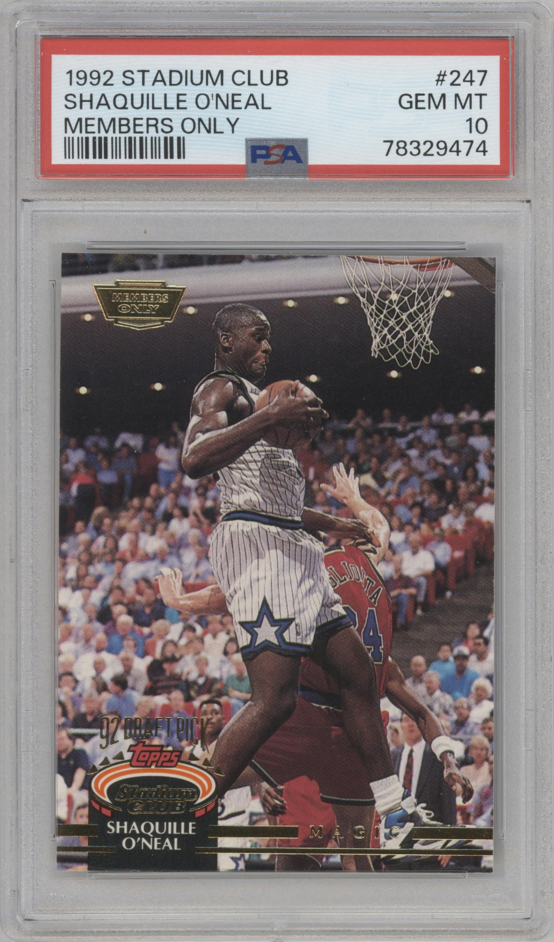 Shaquille O'Neal  from the 1992-93 Topps Stadium Club set featuring a Members Only parallel graded by PSA and given an overall grade of 10.