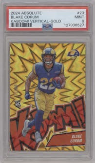 Blake Corum from the 2024 Panini Absolute set featuring a Gold parallel graded by PSA and given an overall grade of 9.