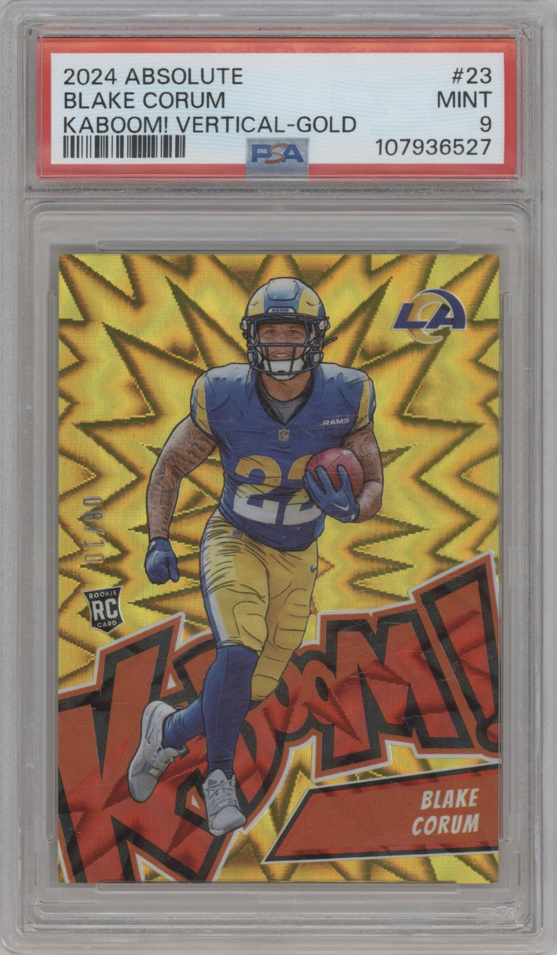 Blake Corum from the 2024 Panini Absolute set featuring a Gold parallel graded by PSA and given an overall grade of 9.