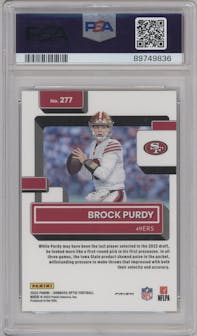 Brock Purdy from the 2022 Panini Donruss Optic set featuring a Holo parallel graded by PSA and given an overall grade of 9.