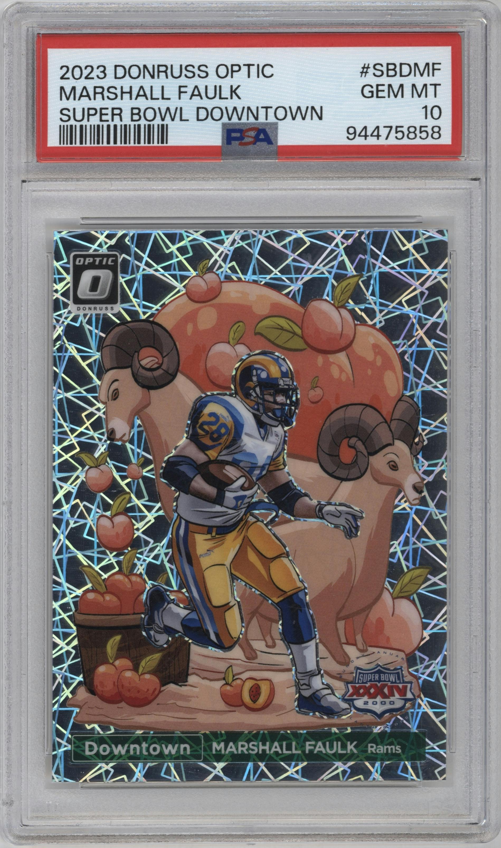Marshall Faulk from the 2023 Donruss Optic set graded by PSA and given an overall grade of 10.