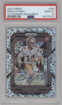 Brock Purdy from the 2022 Panini Prizm set featuring a No Huddle parallel graded by PSA and given an overall grade of 10.