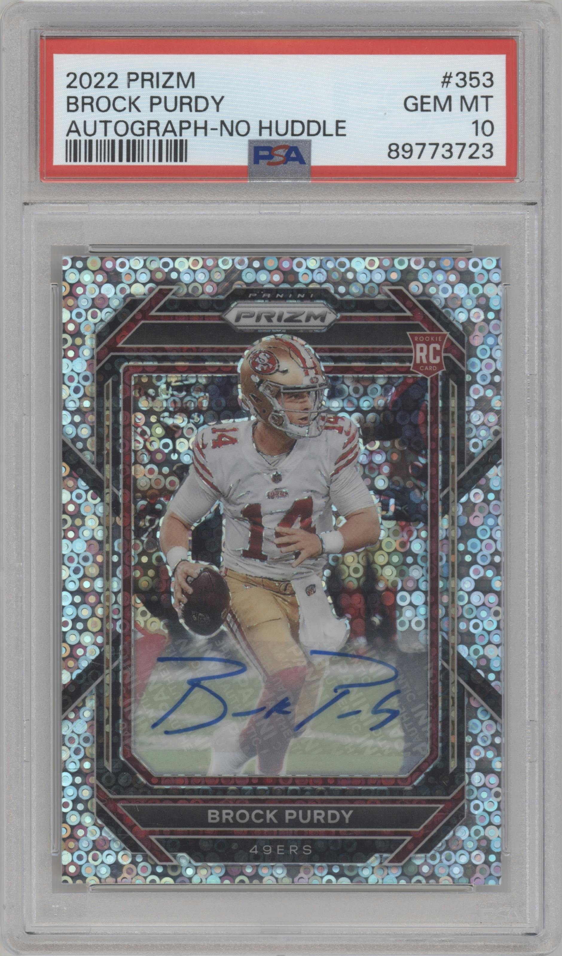 Brock Purdy from the 2022 Panini Prizm set featuring a No Huddle parallel graded by PSA and given an overall grade of 10.