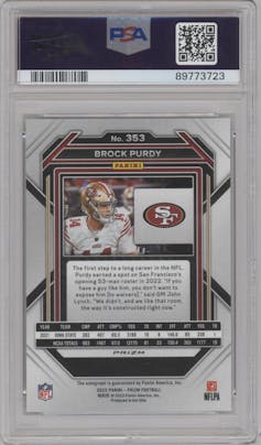 Brock Purdy from the 2022 Panini Prizm set featuring a No Huddle parallel graded by PSA and given an overall grade of 10.