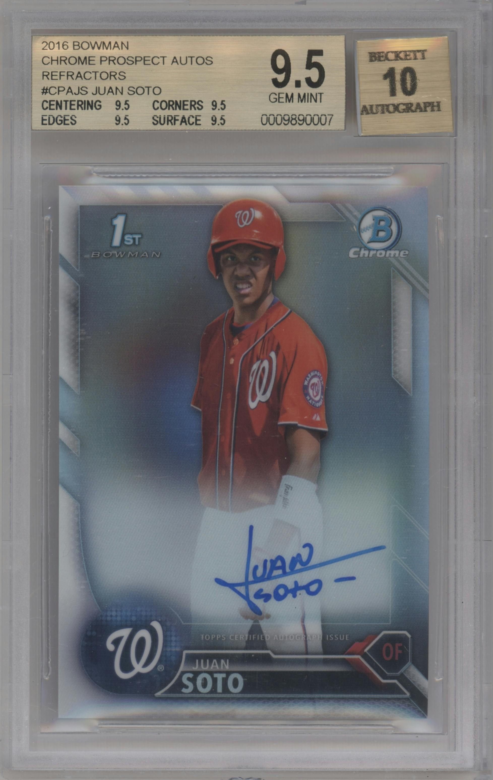 Juan Soto from the 2016 Bowman set featuring a Refractor parallel graded by Beckett and given an overall grade of 9.5.