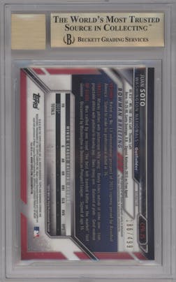 Juan Soto from the 2016 Bowman set featuring a Refractor parallel graded by Beckett and given an overall grade of 9.5.