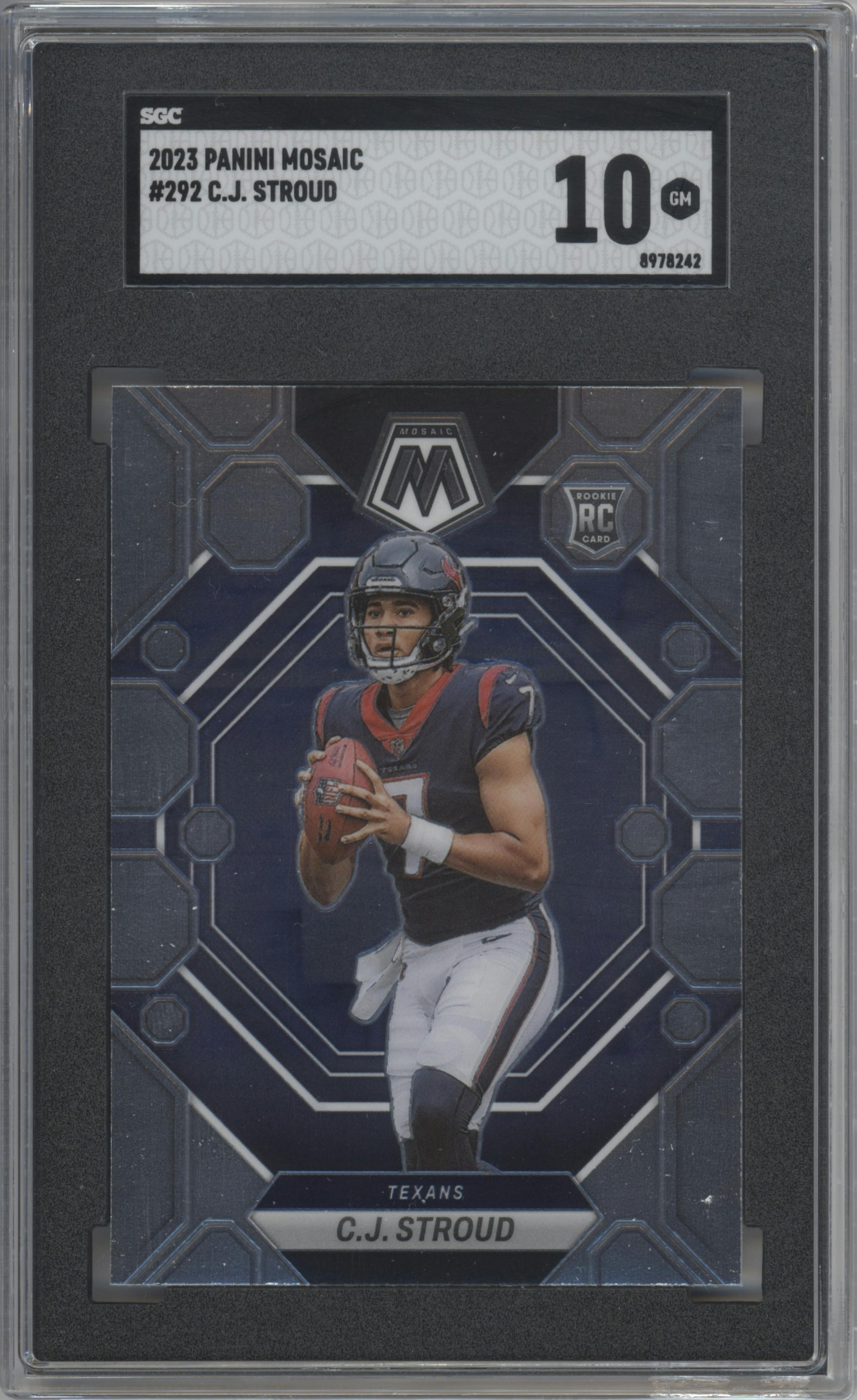 C.J. Stroud from the 2023 Panini Mosaic set graded by SGC and given an overall grade of 10.