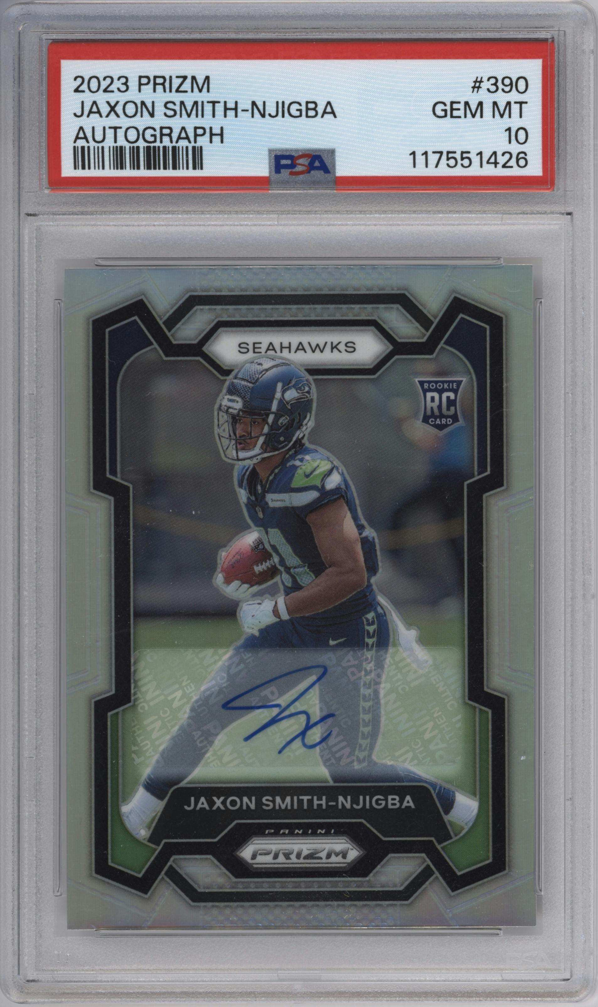 Jaxon Smith-Njigba from the 2023 Panini Prizm set graded by PSA and given an overall grade of 10.