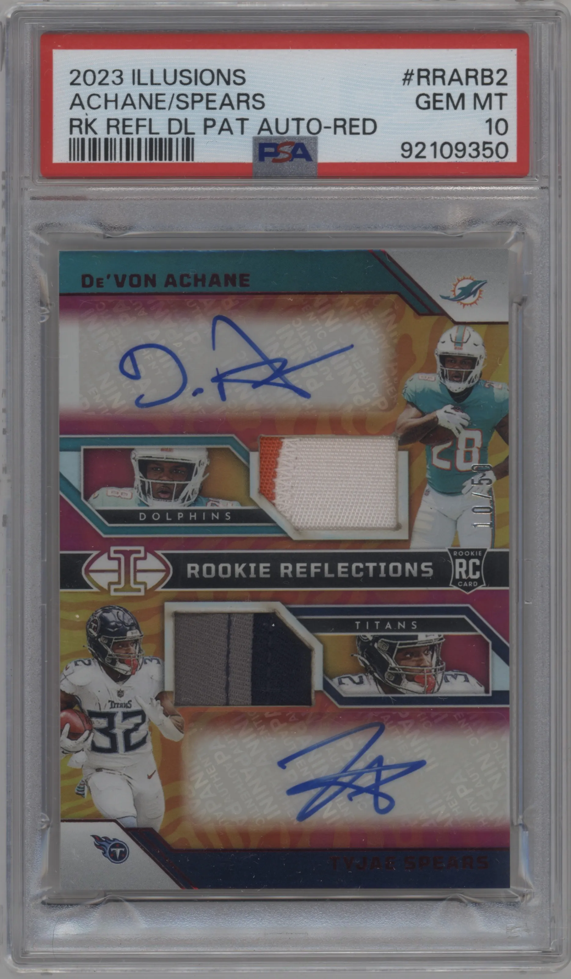 2023 Panini Illusions Rke.Refl.Dual Patch Auto De'Von Achane/Tyjae Spears Red PSA 10
