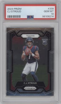 C.J. Stroud from the 2023 Panini Prizm set graded by PSA and given an overall grade of 10.