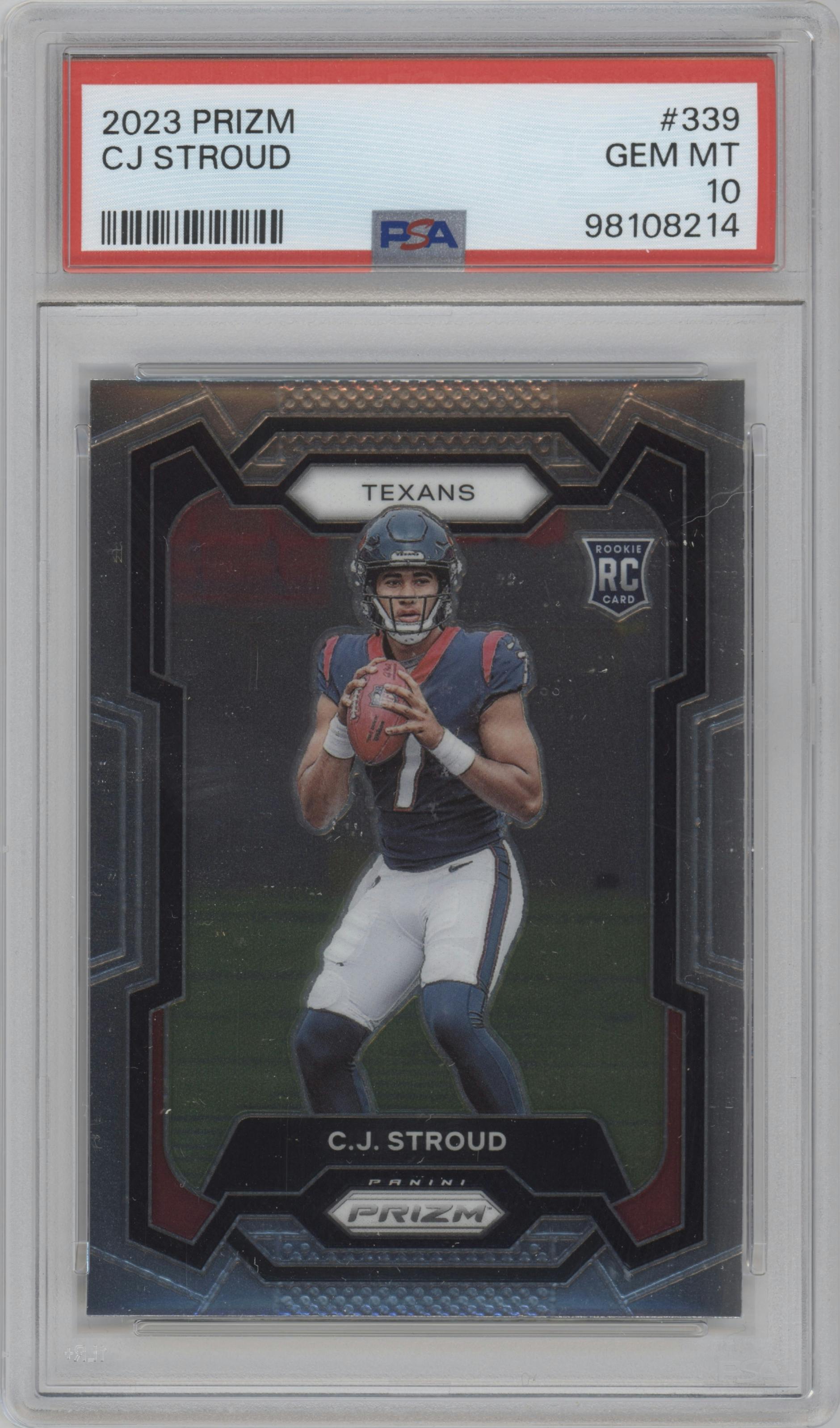 C.J. Stroud from the 2023 Panini Prizm set graded by PSA and given an overall grade of 10.