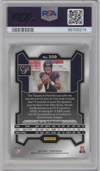 C.J. Stroud from the 2023 Panini Prizm set graded by PSA and given an overall grade of 10.