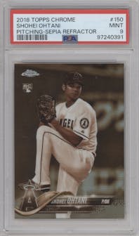 Shohei Ohtani from the 2018 Topps Chrome set featuring a Sepia Refractor parallel graded by PSA and given an overall grade of 9.