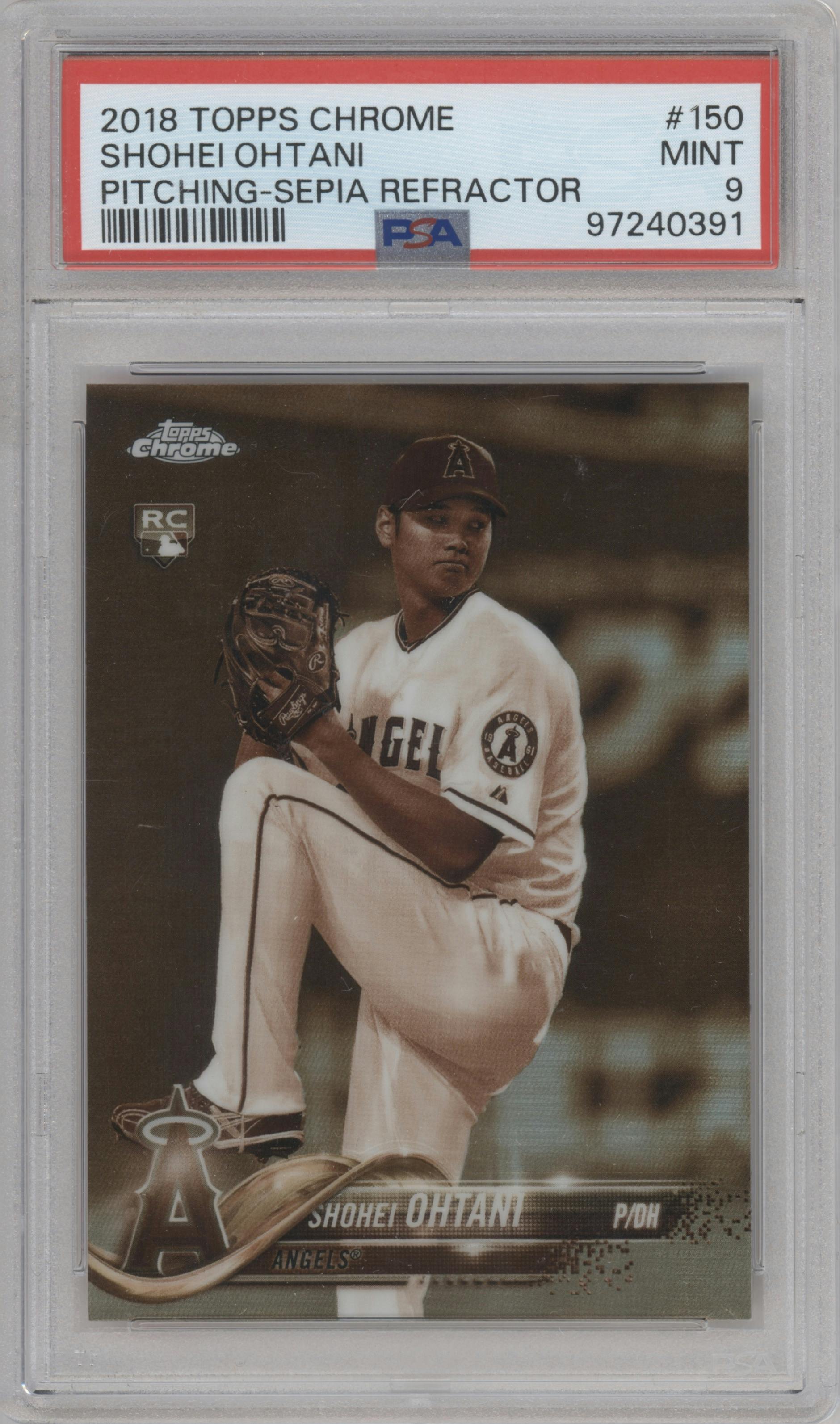 Shohei Ohtani from the 2018 Topps Chrome set featuring a Sepia Refractor parallel graded by PSA and given an overall grade of 9.
