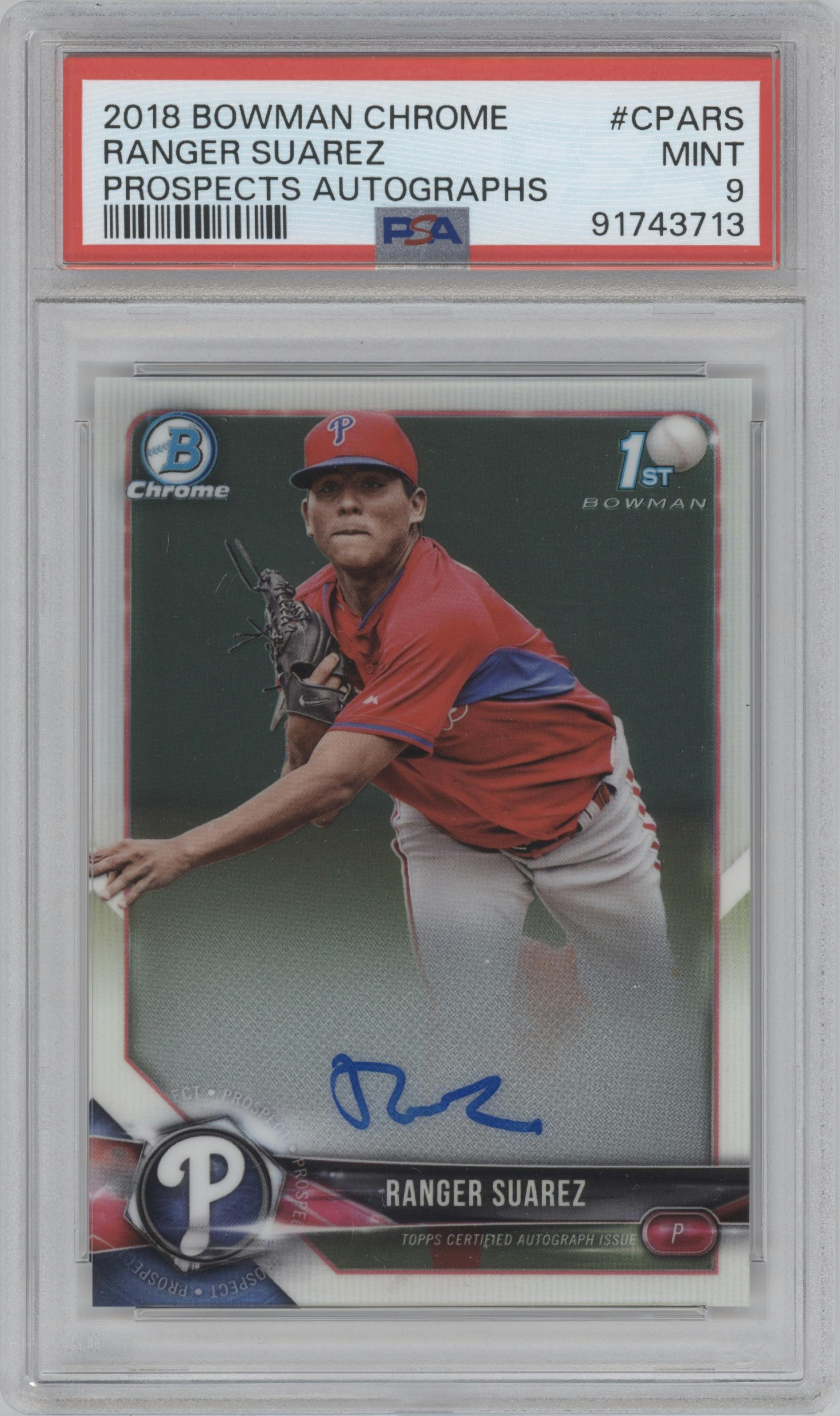 Ranger Suarez from the 2018 Bowman set graded by PSA and given an overall grade of 9.