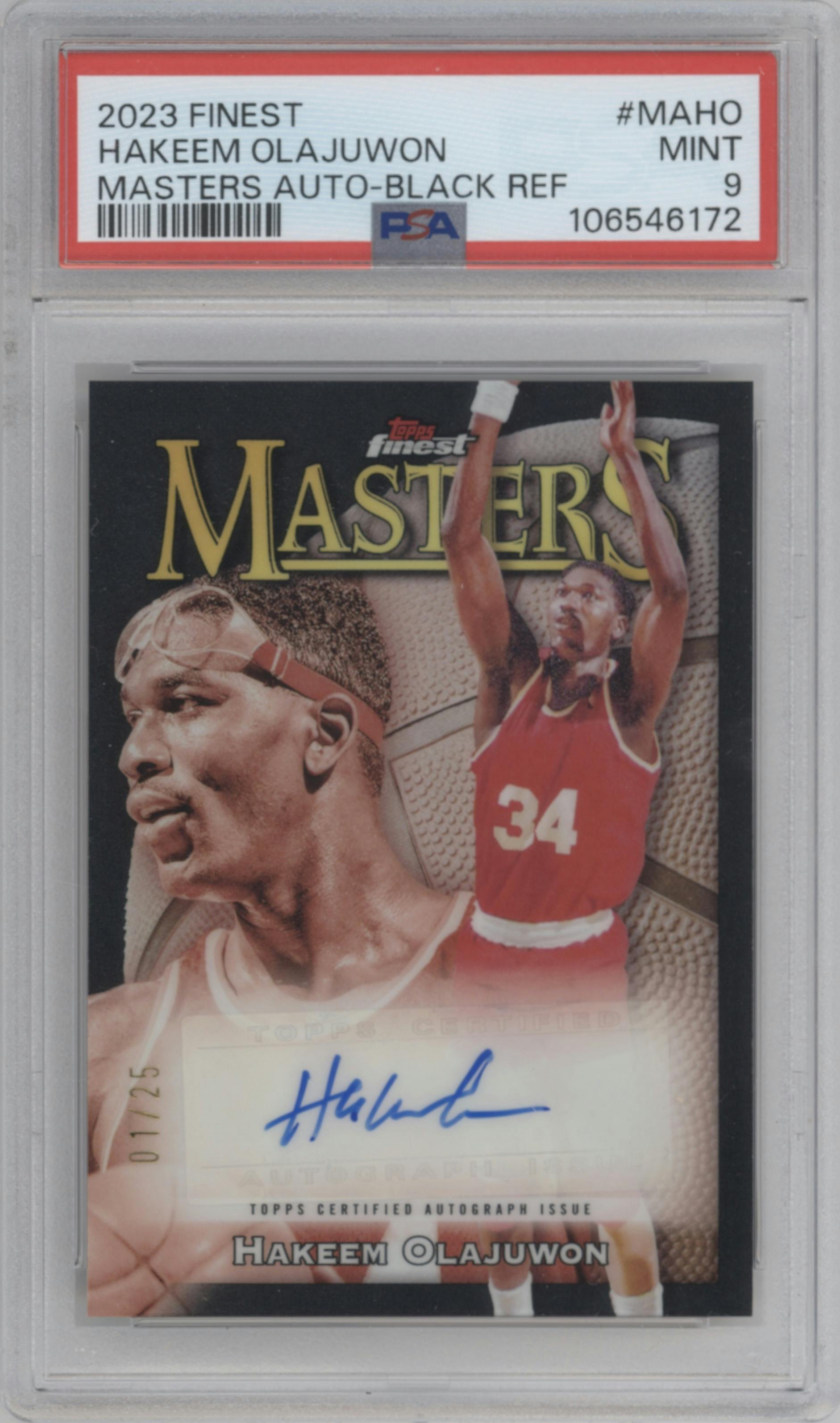 Hakeem Olajuwon from the 2023-24 Finest set featuring a Black Refractor parallel graded by PSA and given an overall grade of 9.