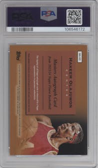 Hakeem Olajuwon from the 2023-24 Finest set featuring a Black Refractor parallel graded by PSA and given an overall grade of 9.