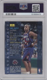 Vince Carter from the 1998-99 Topps Chrome set featuring a Refractor parallel graded by PSA and given an overall grade of 10.